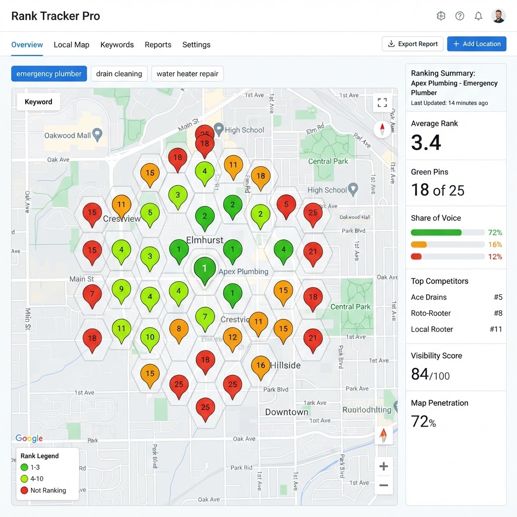 Local ranking heat map inside the Google Business Profile optimization tool showing keyword rankings across a service area