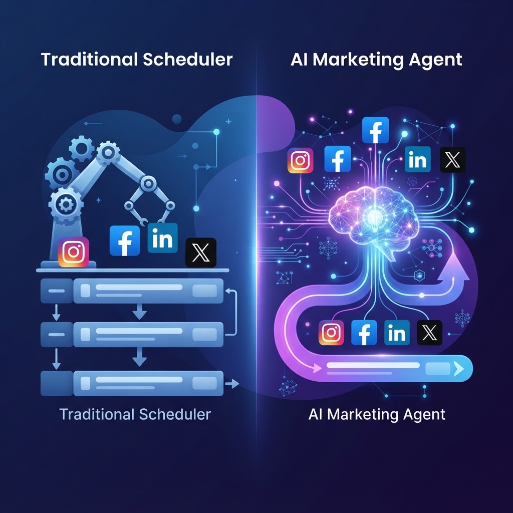 traditional Social Media schedulers vs AI marketing agents