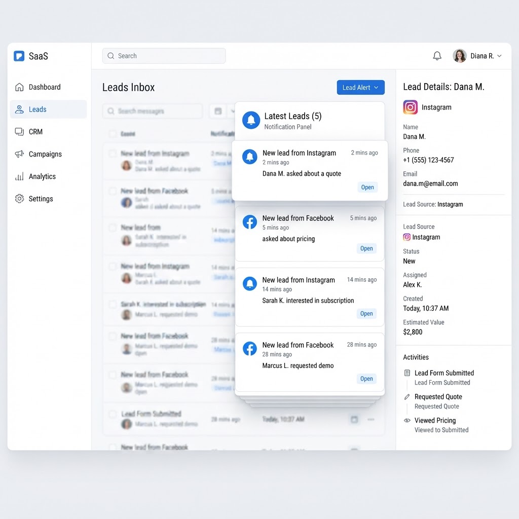 Lead alert settings for a social media inbox sending new customer messages to email and phone