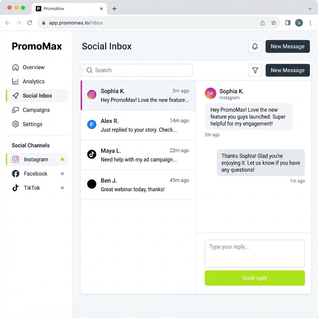Social media inbox with Instagram, Facebook and TikTok messages in one list