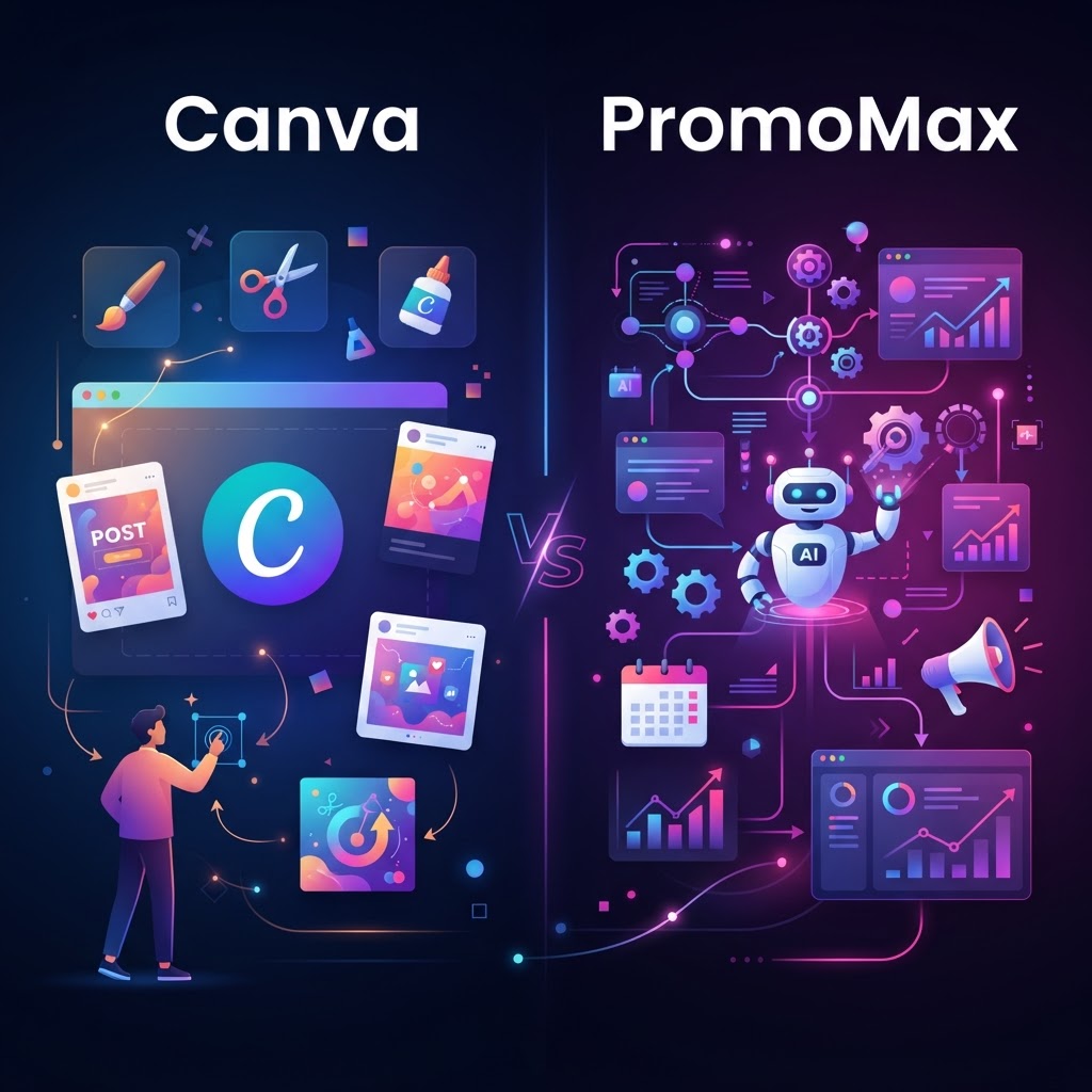 PromoMax vs Canva: Beyond Visual Templates to Automated Workflows — Canva vs PromoMax comparison