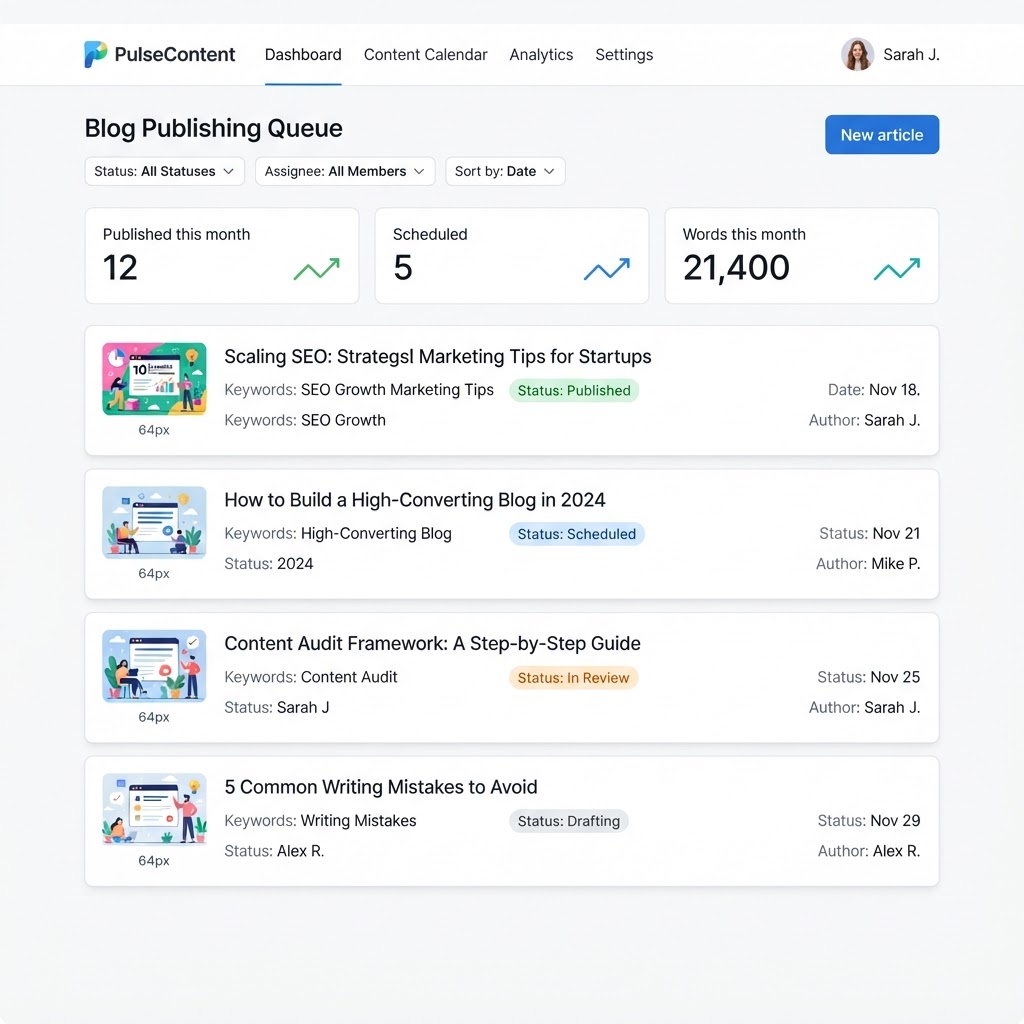 AI blog writer scheduled articles list showing planned and published posts for a local business website