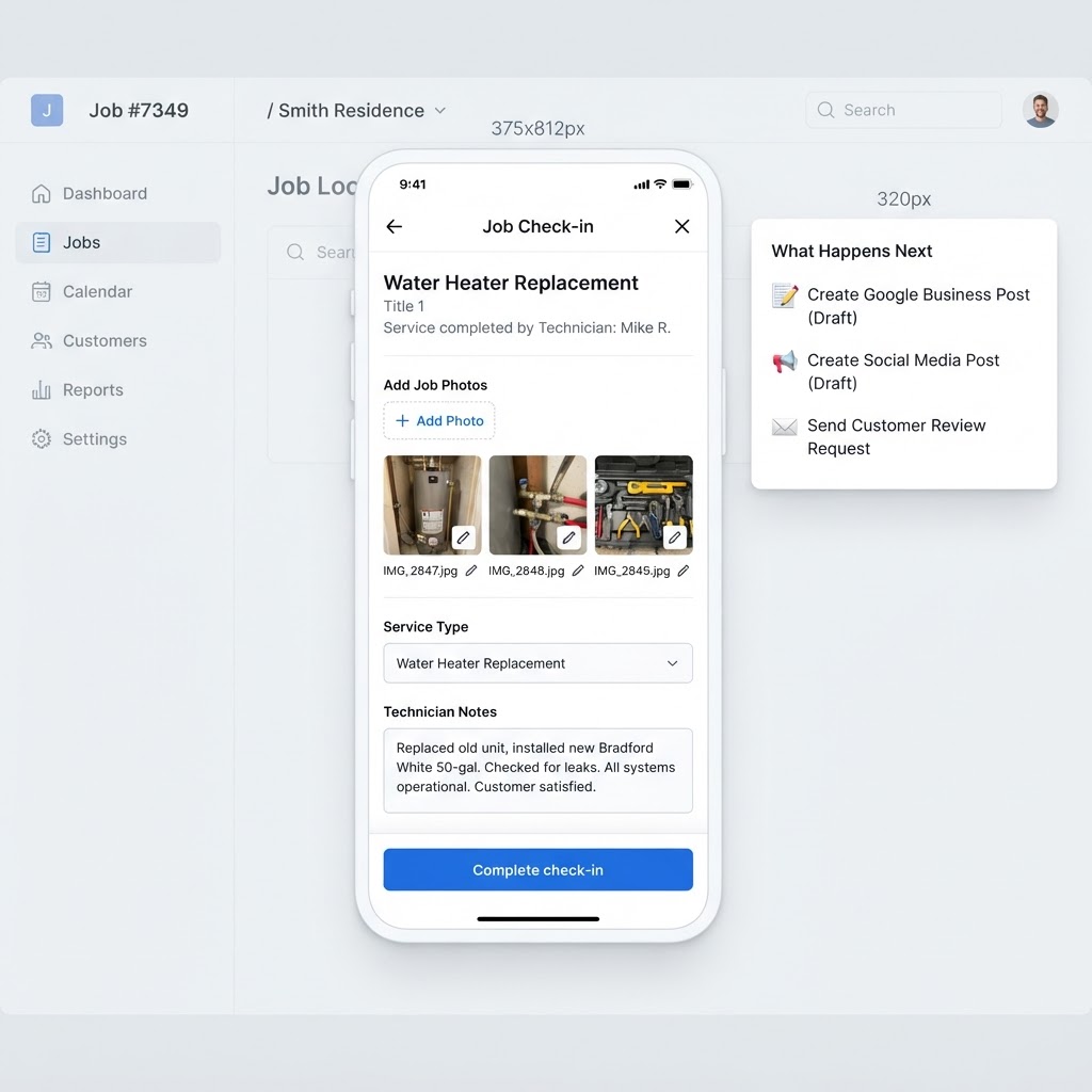 Job site check-in screen showing what will be published from the finished job