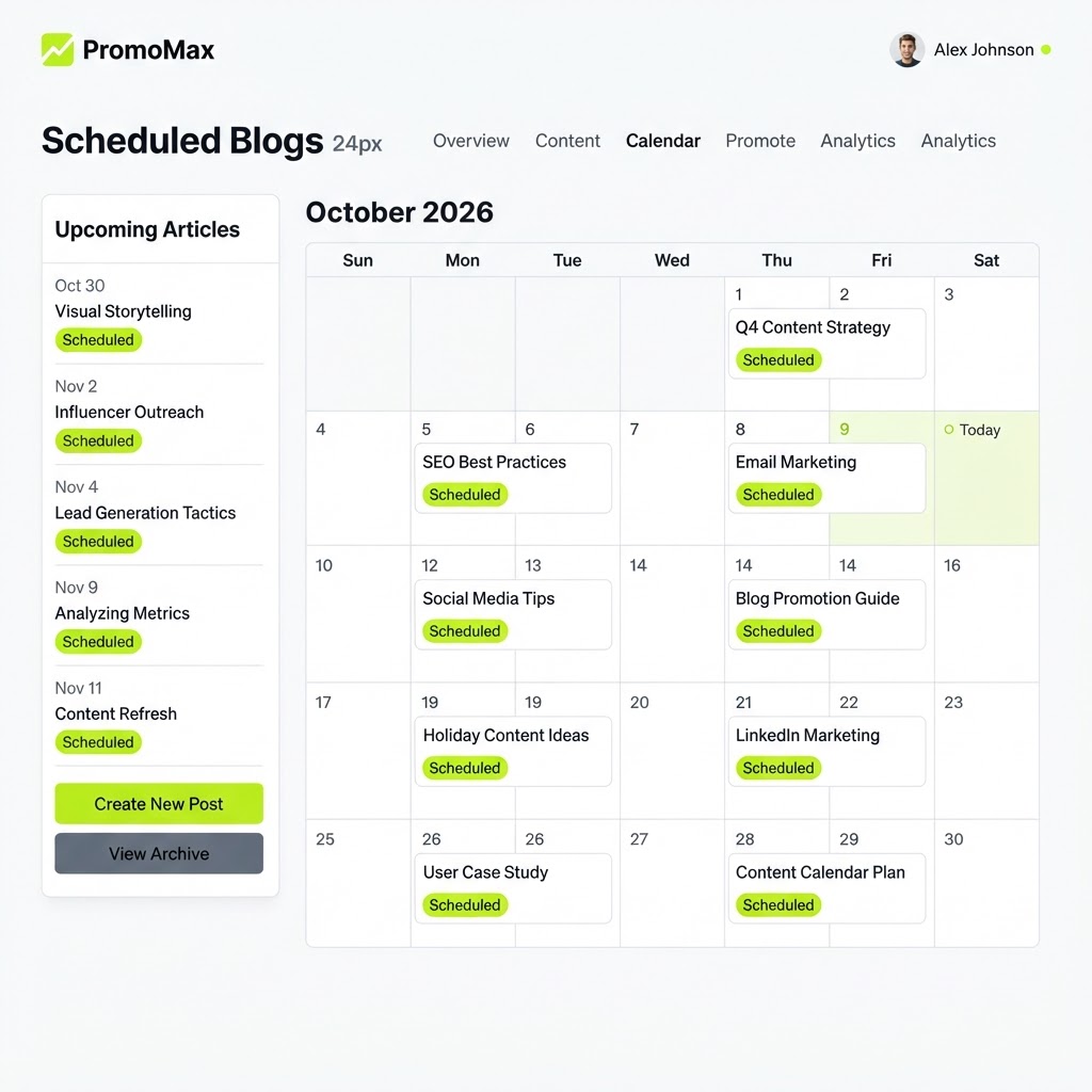 Blog content calendar showing scheduled articles for a local business website with topics, keywords and status