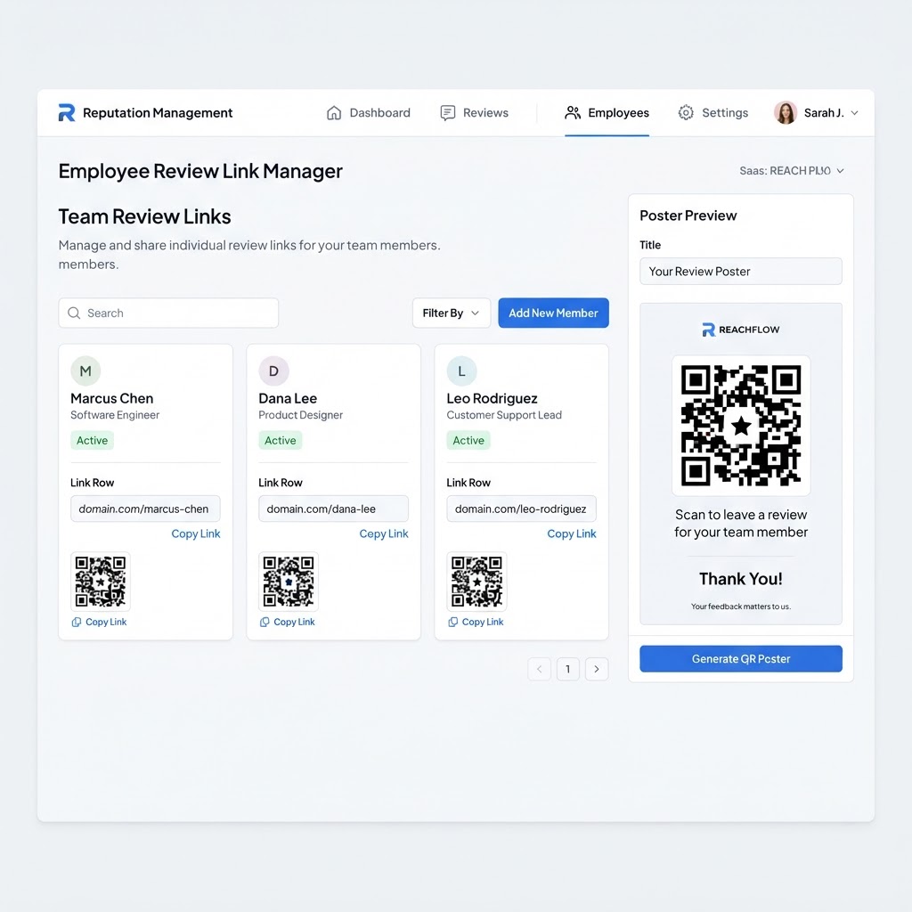 Employee review request links and sent requests tracked inside the Google review management tool