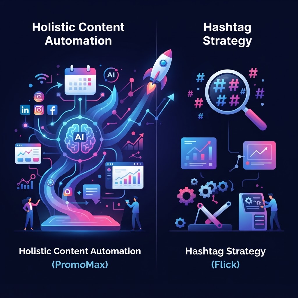 PromoMax vs Flick: Why Holistic Content Automation Outperforms Hashtag Strategy — PromoMax vs Flick for social media marketing