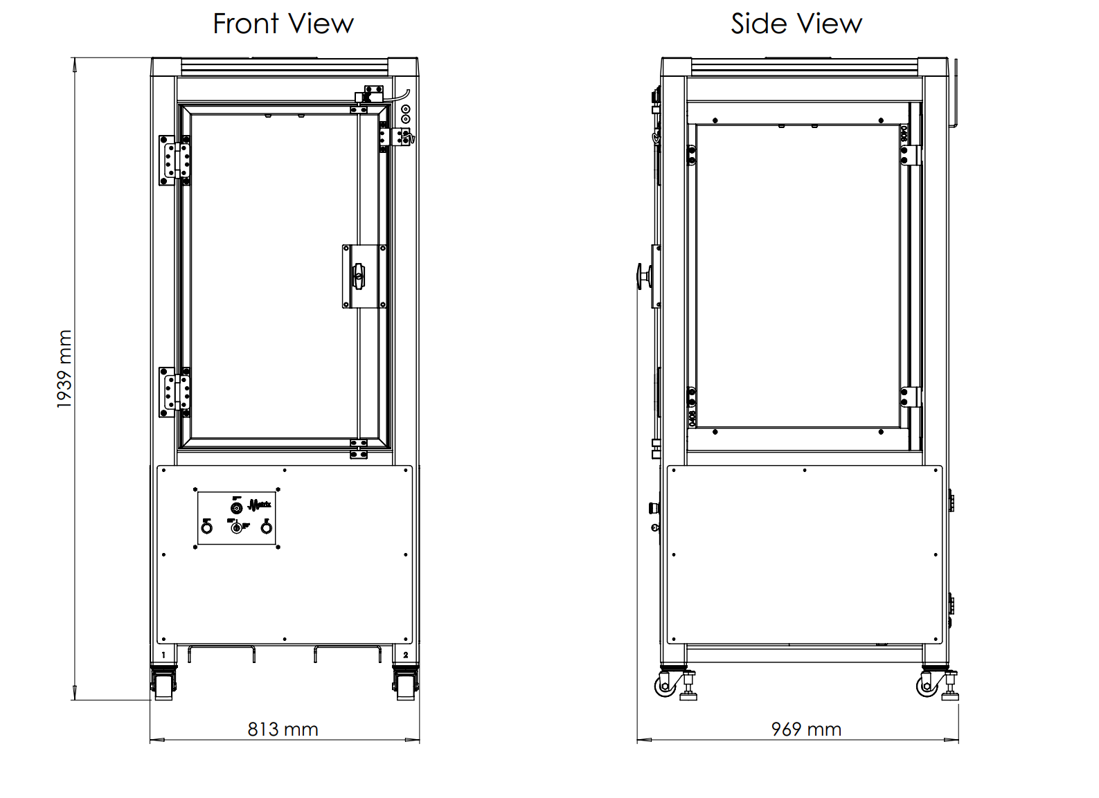 Metbox technical schematic - front and side views