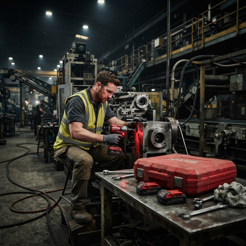 Maintenance engineer using a red cordless Milwaukee impact wrench on factory machinery