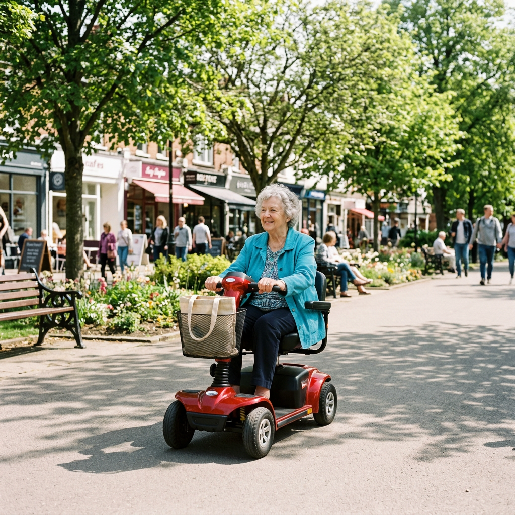 Senior woman using a 4-wheel mobility scooter outdoors