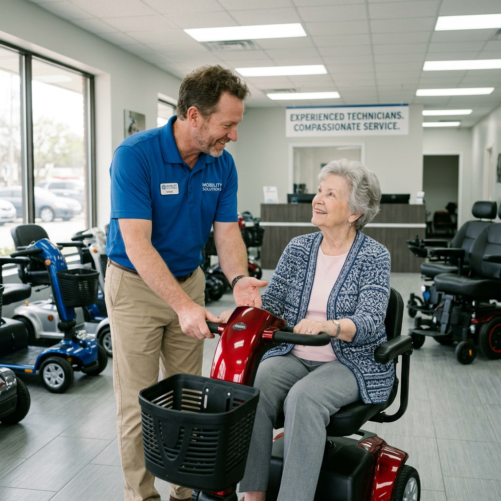 T-Town Mobility specialist fitting customer for power wheelchair in Tulsa