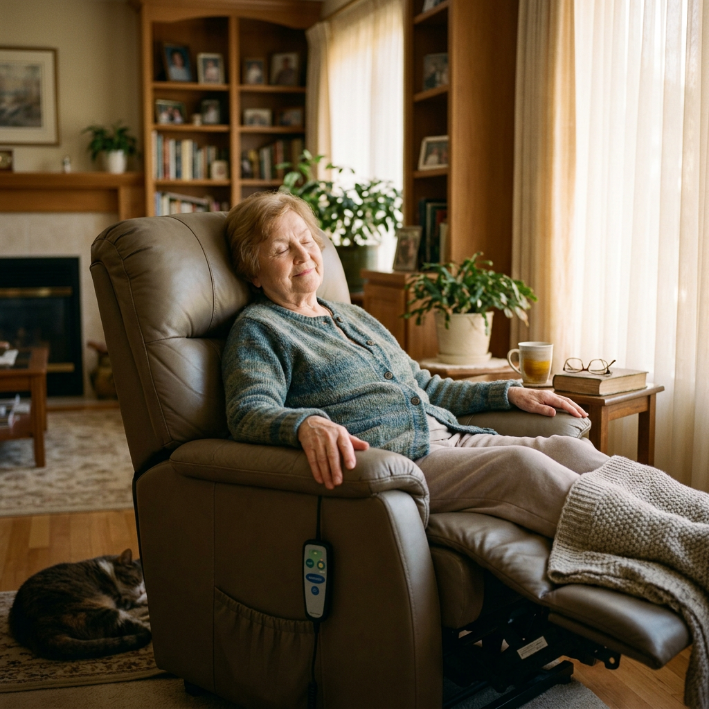 Senior relaxing in comfortable power lift recliner chair