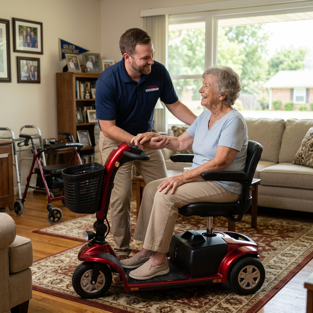 Friendly T-Town Mobility technician helping a senior with mobility equipment in their Tulsa home
