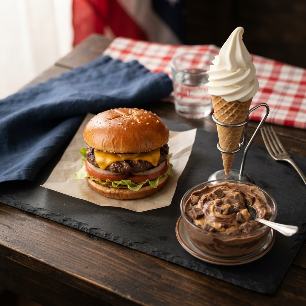Dairy Queen nutrition calculator — a burgers and ice cream spread featuring a cheeseburger, vanilla ice cream cone, and a blizzard treat in red white and blue tones