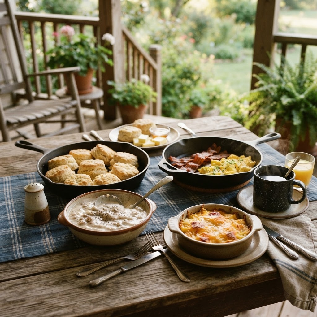 Cracker Barrel nutrition calculator — a Southern country breakfast spread on a wooden front porch table in warm brown tones