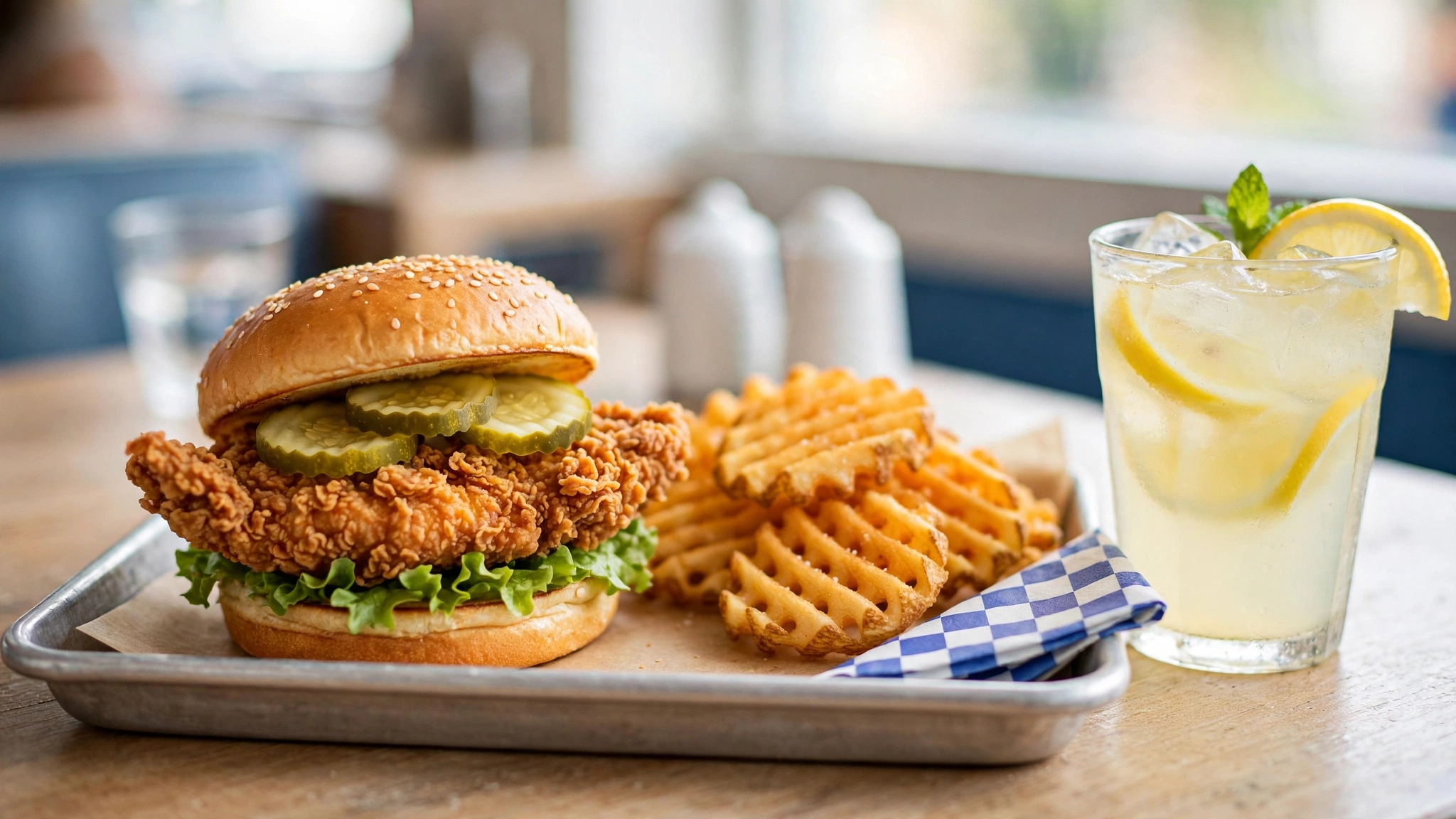 Chick-fil-A nutrition calculator — chicken sandwich, waffle fries and lemonade on a tray