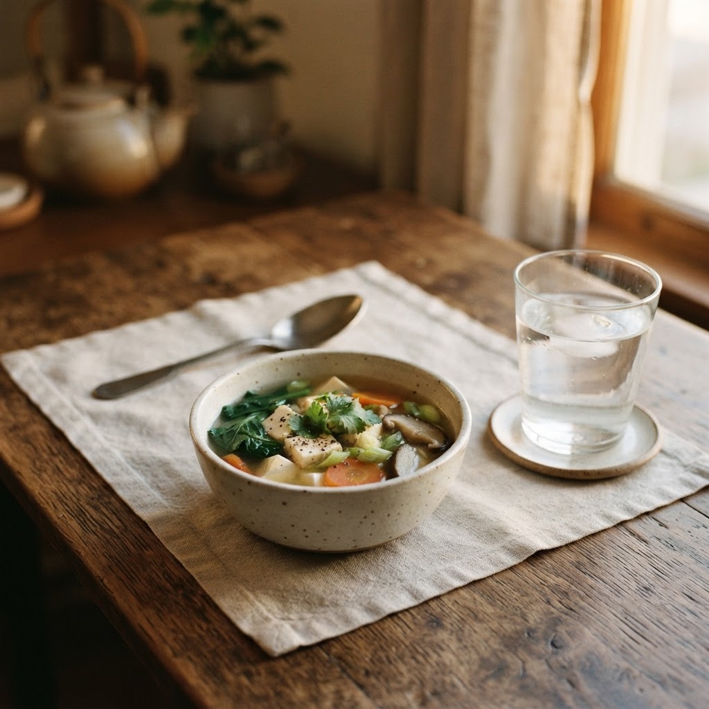 Gentle shot-day dinner — small broth soup with soft vegetables, easy on a sensitive stomach.