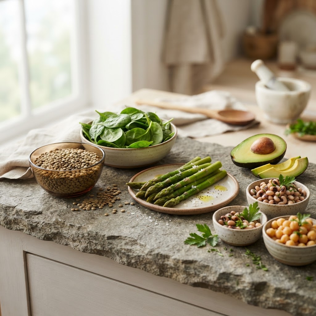 Foods high in folate — lentils, spinach, asparagus, avocado, and black-eyed peas on a stone counter — FoodIdentifier.com