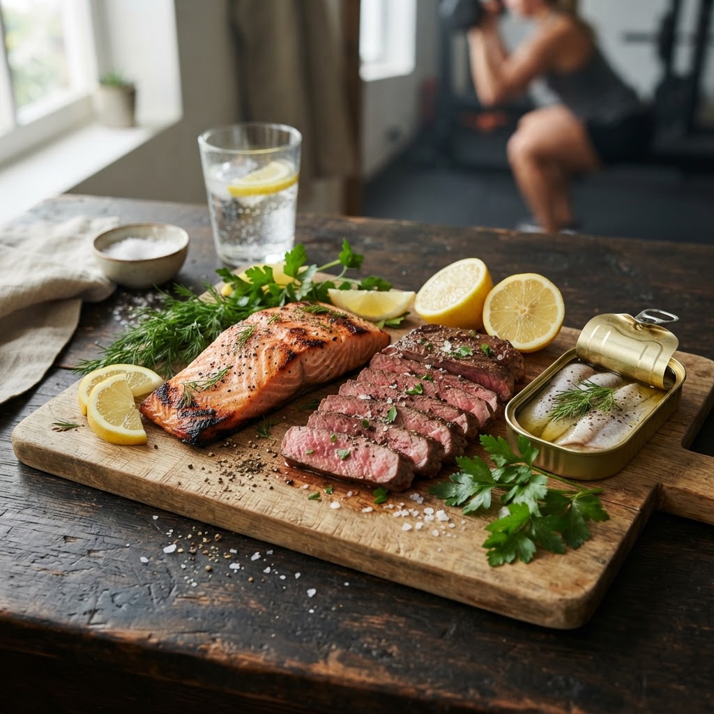 Foods high in creatine — salmon, beef and herring on one board.