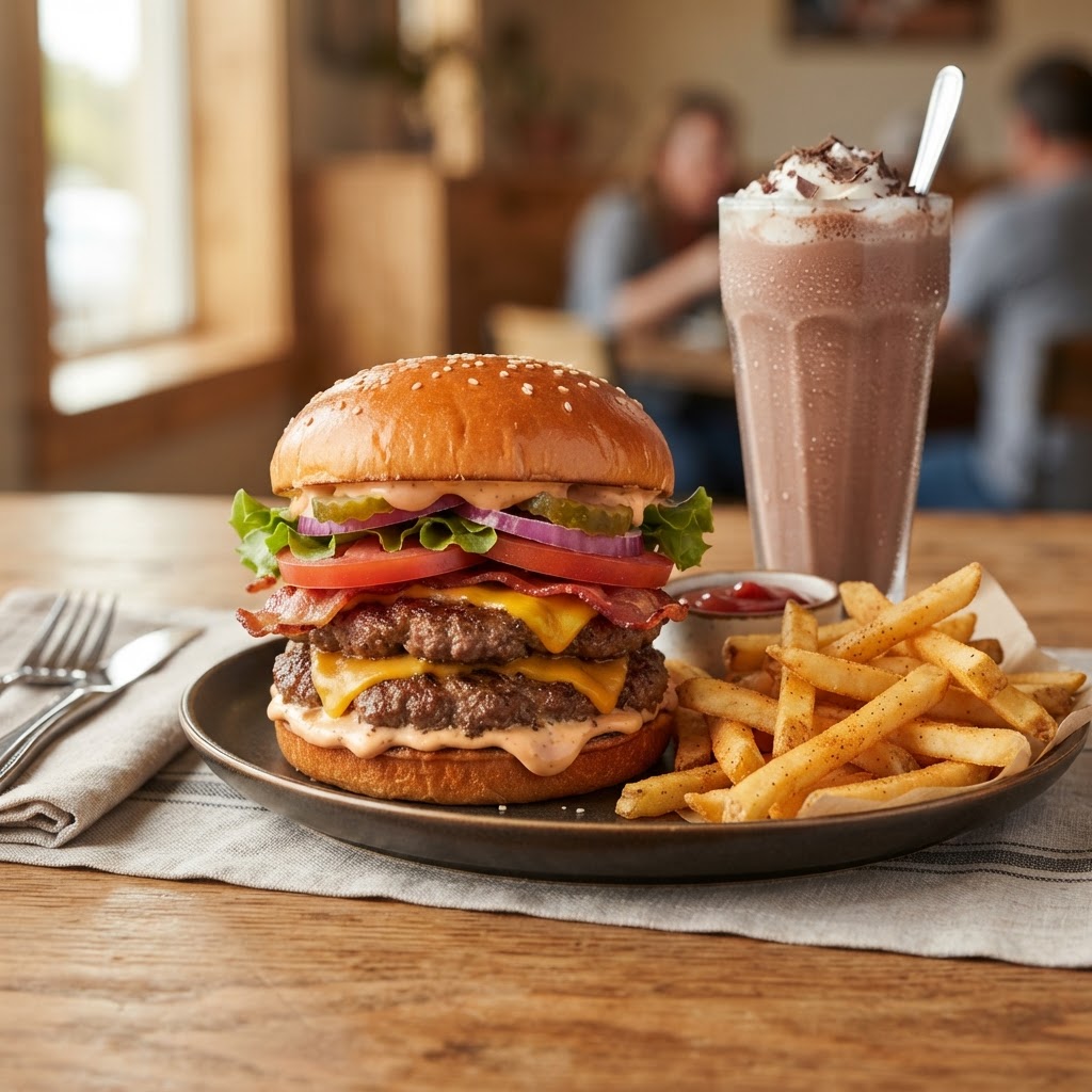 Whataburger nutrition calculator — classic Texas-style burger meal with double cheeseburger, crispy fries, and chocolate shake in warm orange and white color palette