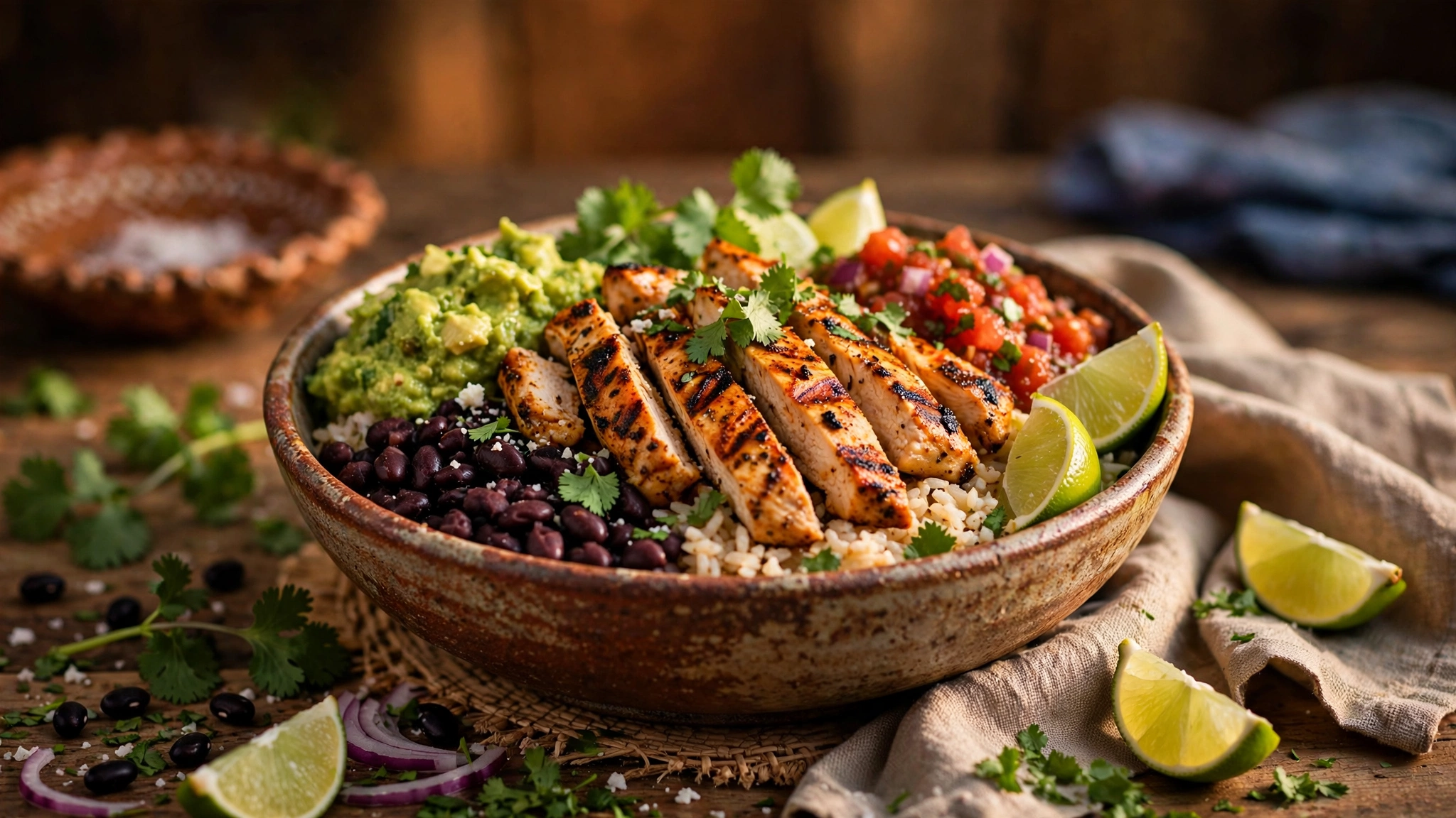Chipotle nutrition calculator — burrito bowl with chicken, rice, beans, guacamole and salsa