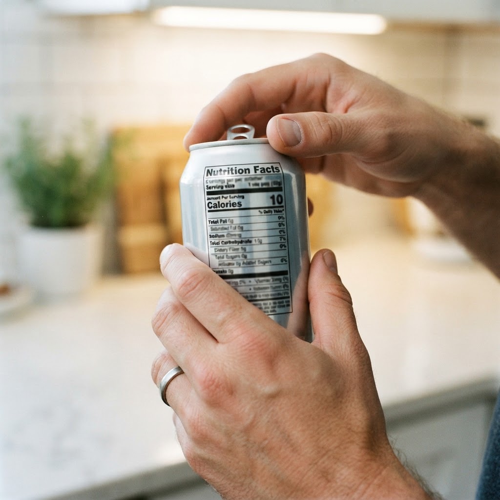 Reading a diet soda nutrition label — sweeteners are among the most studied food additives.