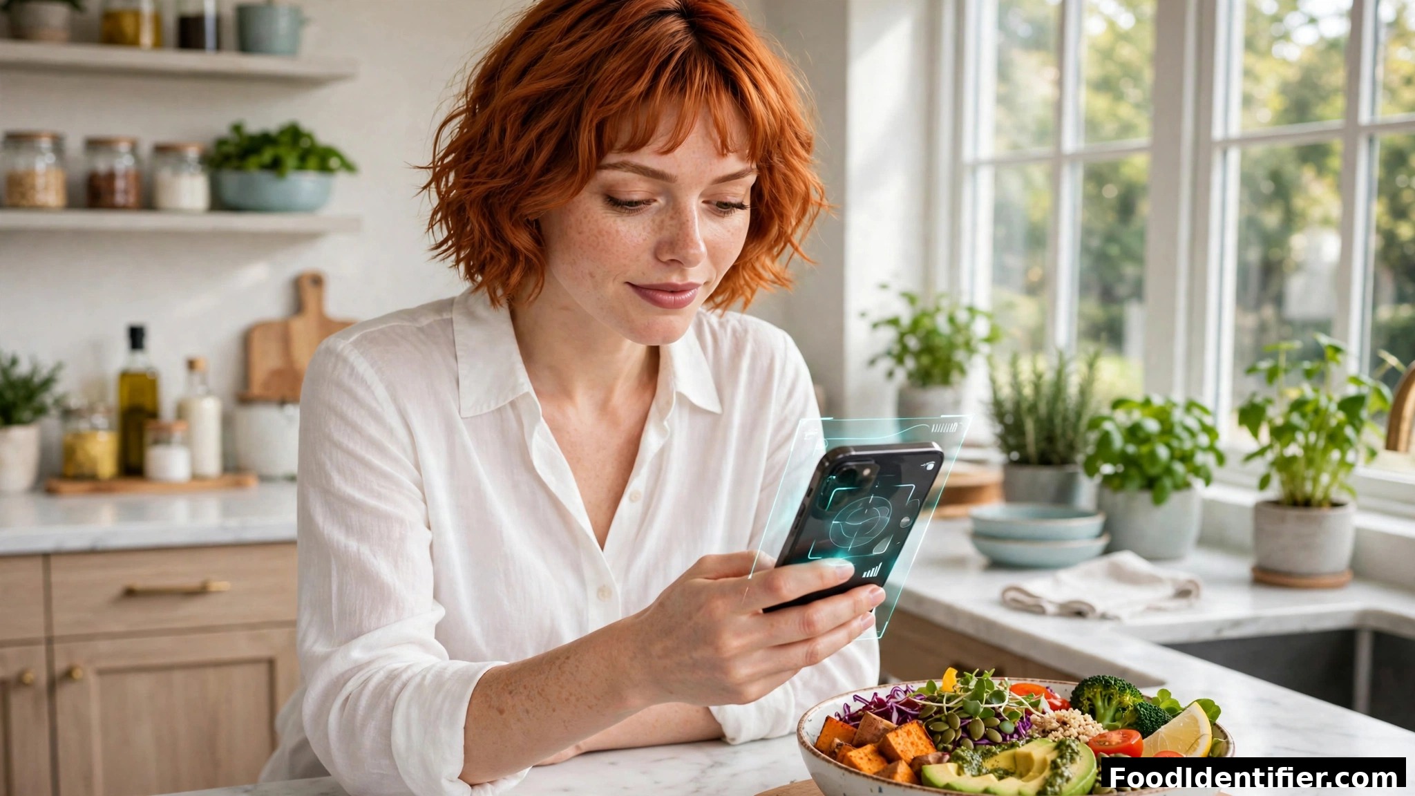 Woman using a photo calorie counter — snapping a meal to get calories instantly.