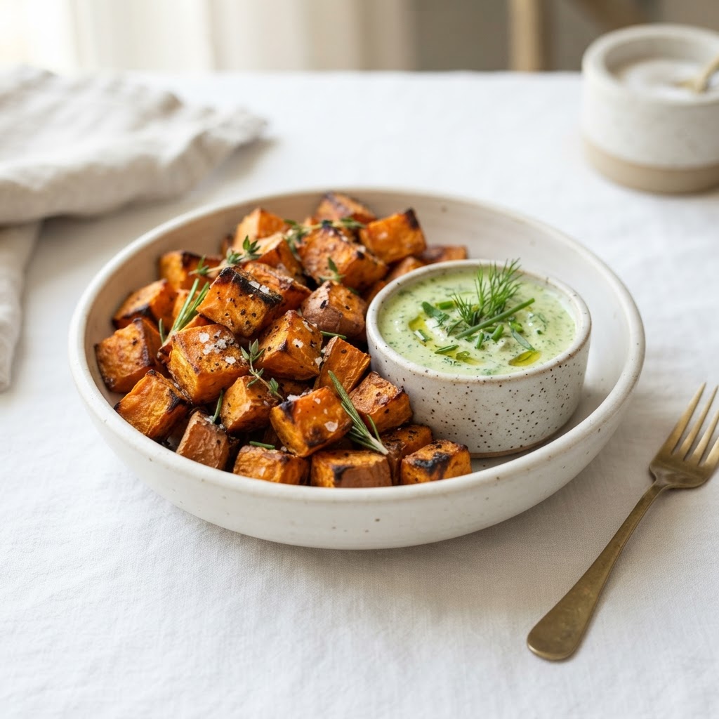 Roasted Sweet Potatoes + Green Goddess Ranch