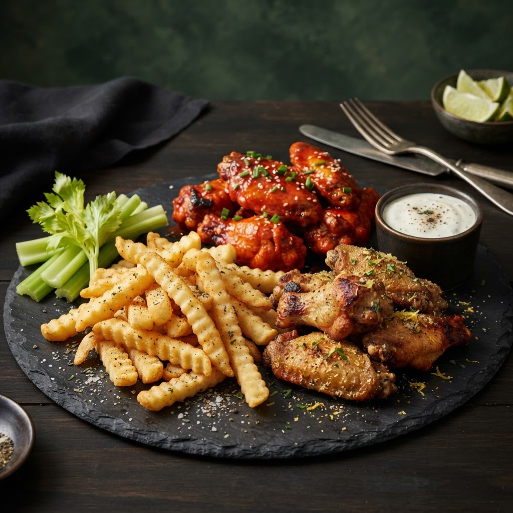 Wingstop nutrition calculator — chicken wings in various sauces with seasoned fries, celery sticks and dip in green and black color palette
