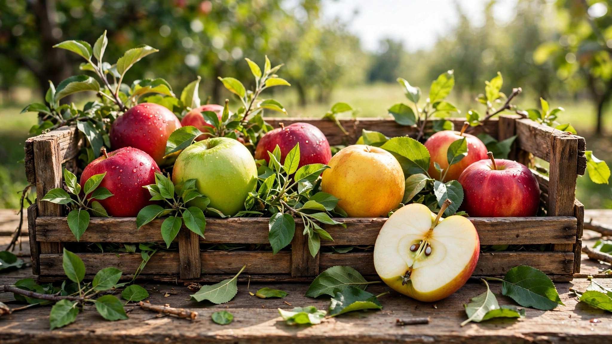 How many calories in an apple — crate of fresh red, green, and golden apples in warm orchard light