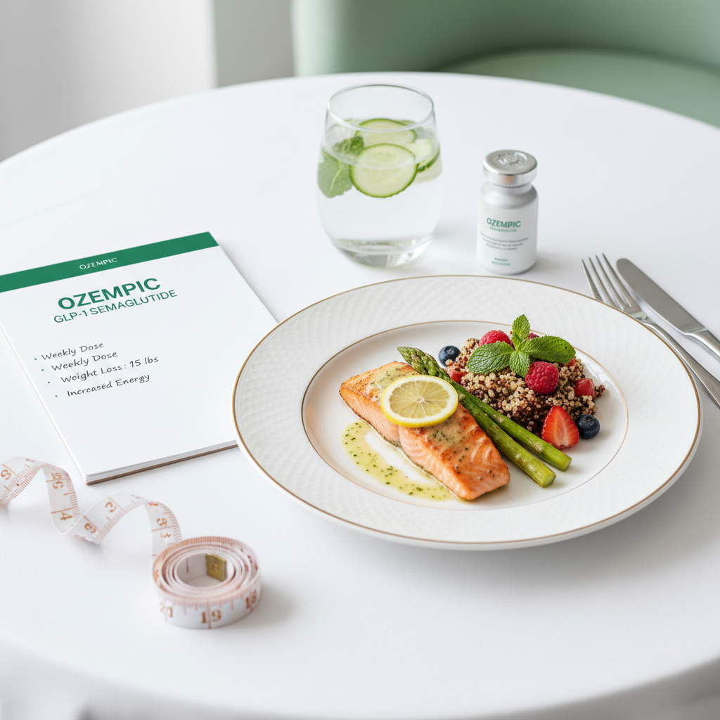 Ozempic GLP-1 semaglutide lifestyle concept — healthy meal portions, weight loss visualization, doctor guide — FoodIdentifier Ozempic food guide 2026