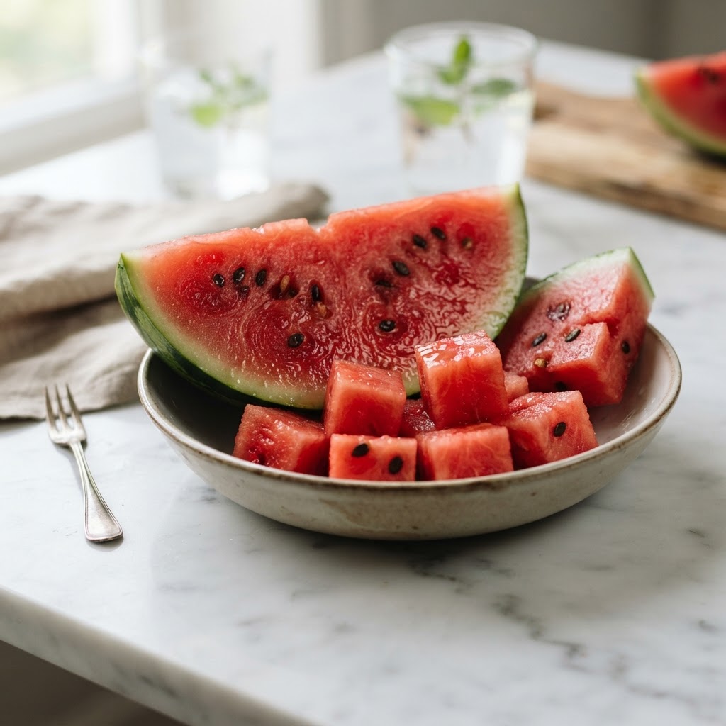 How many calories in watermelon - fresh watermelon slices and cubes with vibrant red flesh and USDA nutrition facts - FoodIdentifier