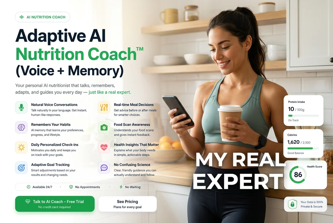 Adaptive AI Nutrition Coach - Voice + Memory - Talk to AI Coach Free Trial