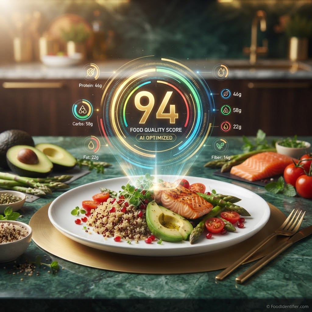 Holographic 0-100 food quality score floating above a healthy meal — FoodIdentifier unified food score and AI nutrition features
