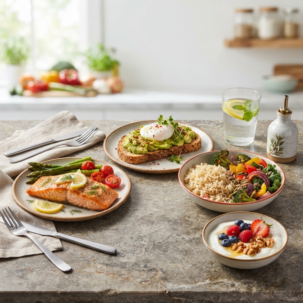 1500 calorie meal plan — salmon, avocado toast, brown rice, mixed vegetables, Greek yogurt, walnuts, and fresh fruit on a stone surface — FoodIdentifier.com