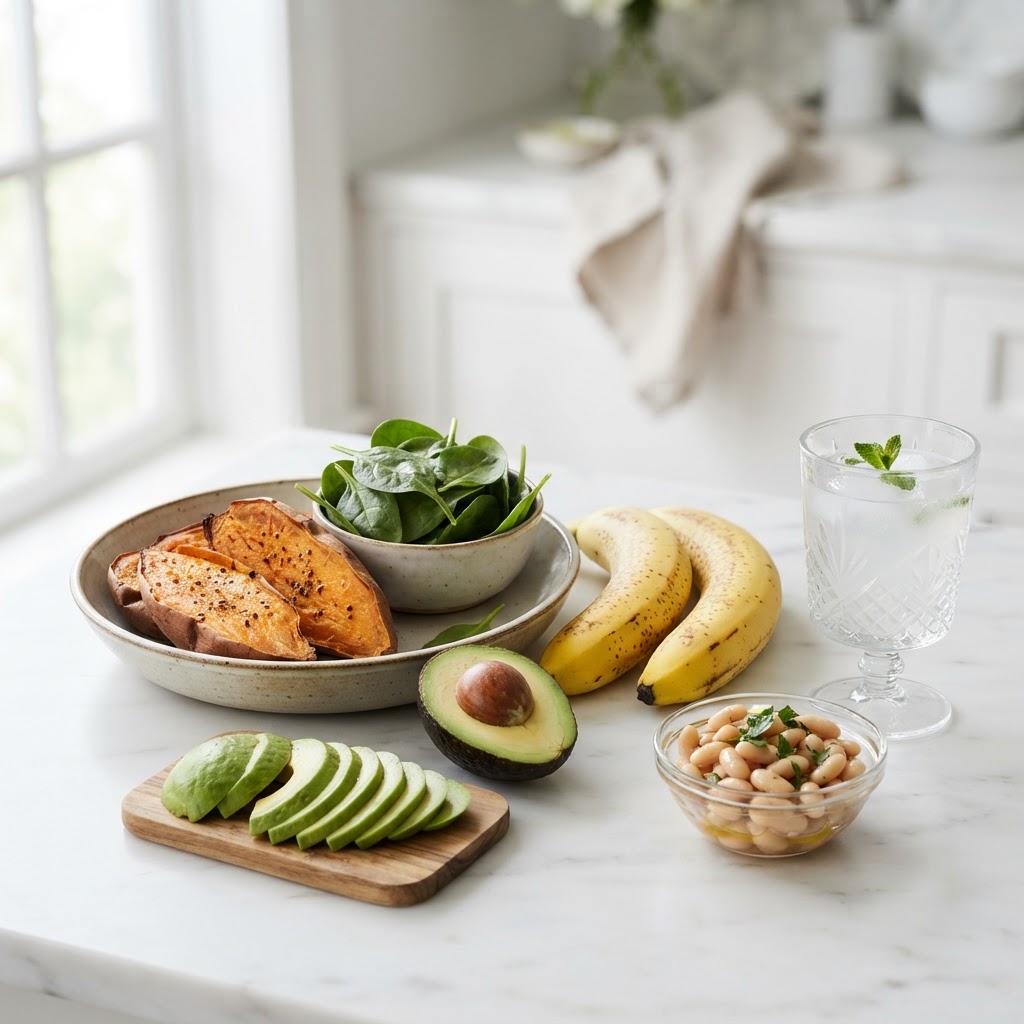 Foods high in potassium — bananas, sweet potatoes, spinach, avocados, and white beans on a marble counter — FoodIdentifier.com