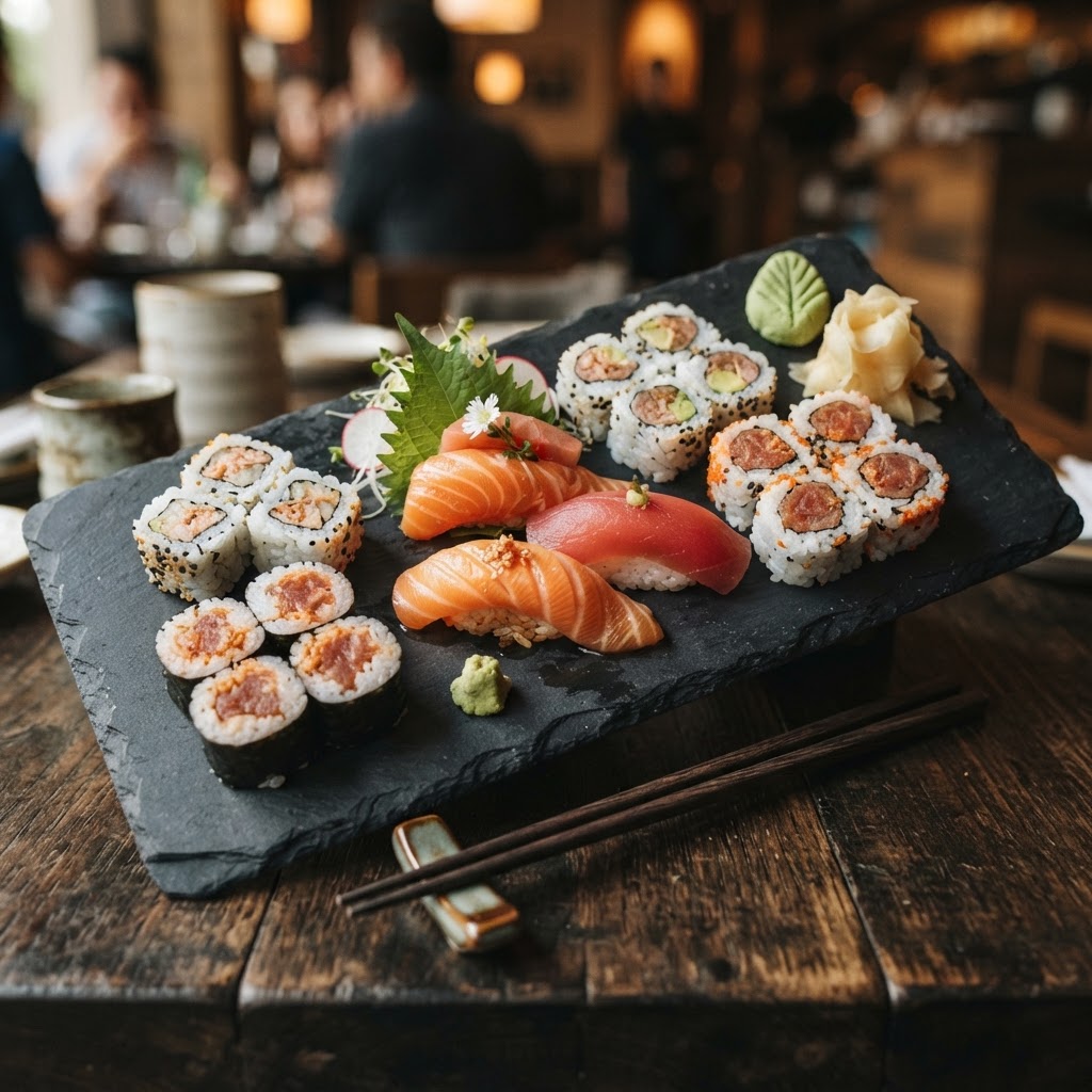 How many calories in sushi - an elegant sushi platter with salmon nigiri, tuna nigiri, maki rolls, chopsticks and wasabi on a dark slate board - FoodIdentifier
