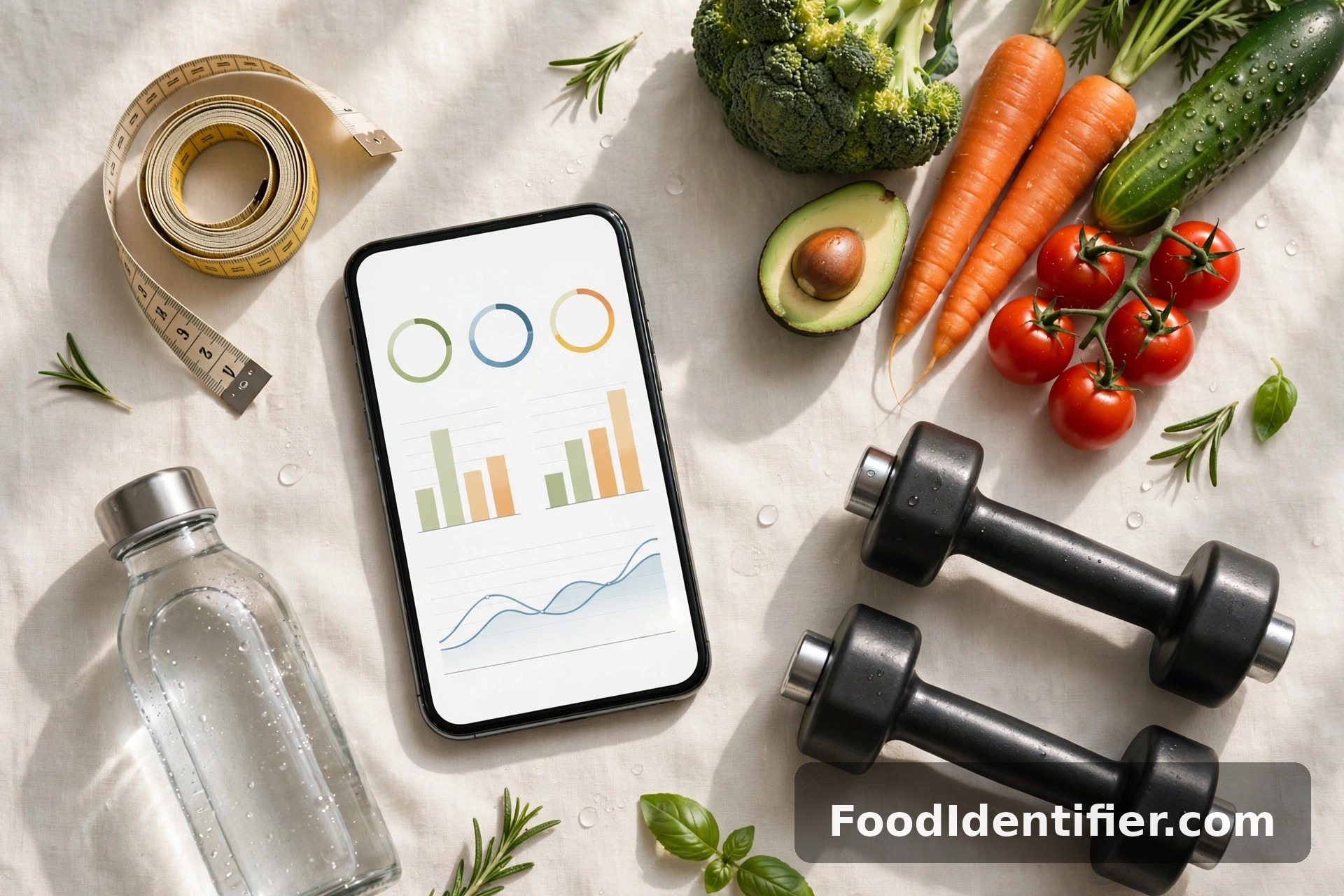 Best AI food and health tools for 2026 — a flat-lay with a smartphone showing nutrition data visualizations surrounded by fresh produce and fitness tools
