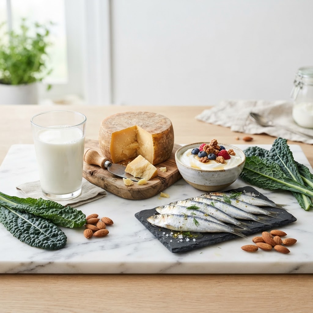 Foods high in calcium — milk, cheese, yogurt, sardines, kale, and almonds on a marble counter — FoodIdentifier.com