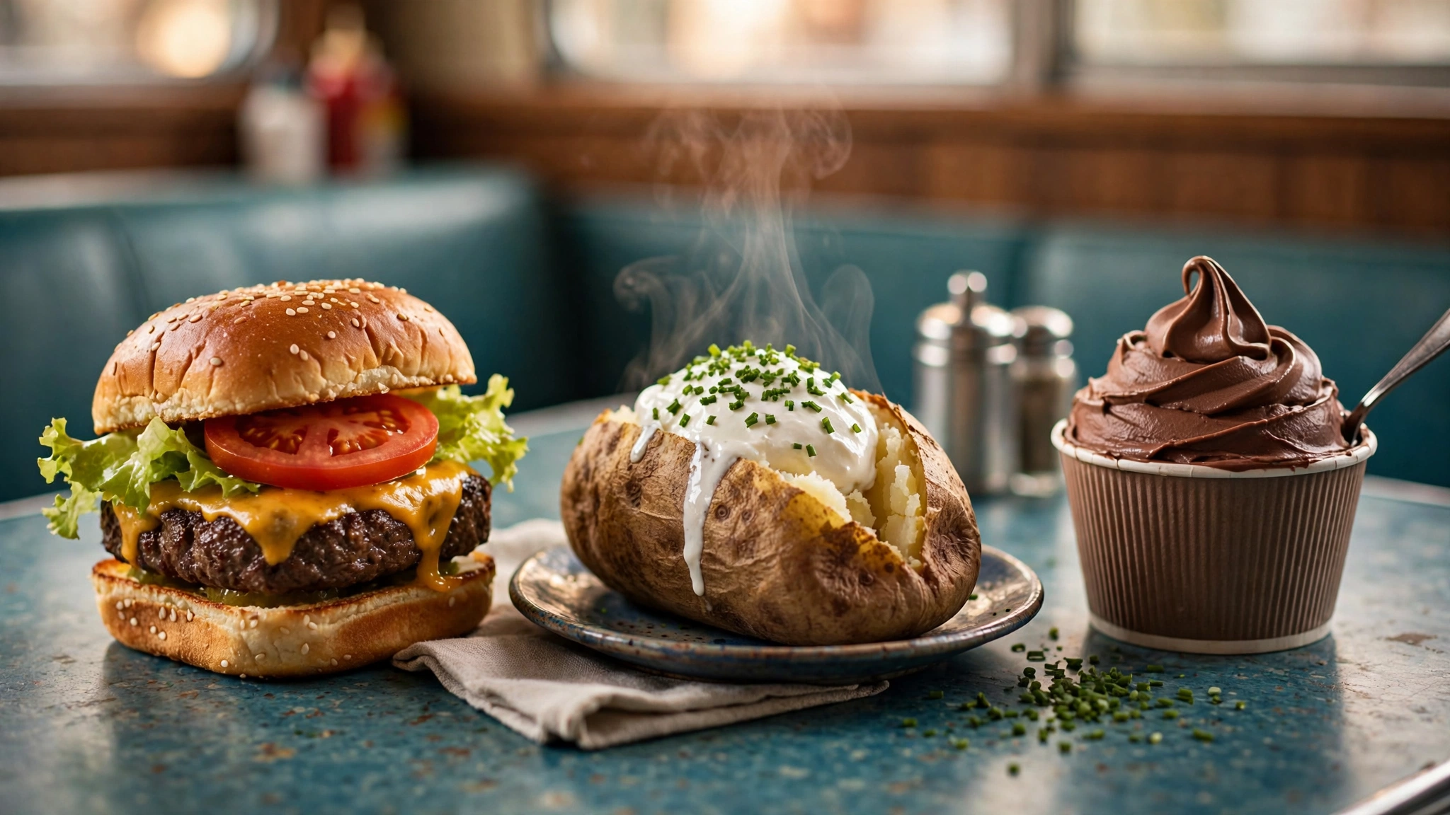 Wendy's nutrition calculator — cheeseburger, baked potato with sour cream, and chocolate Frosty