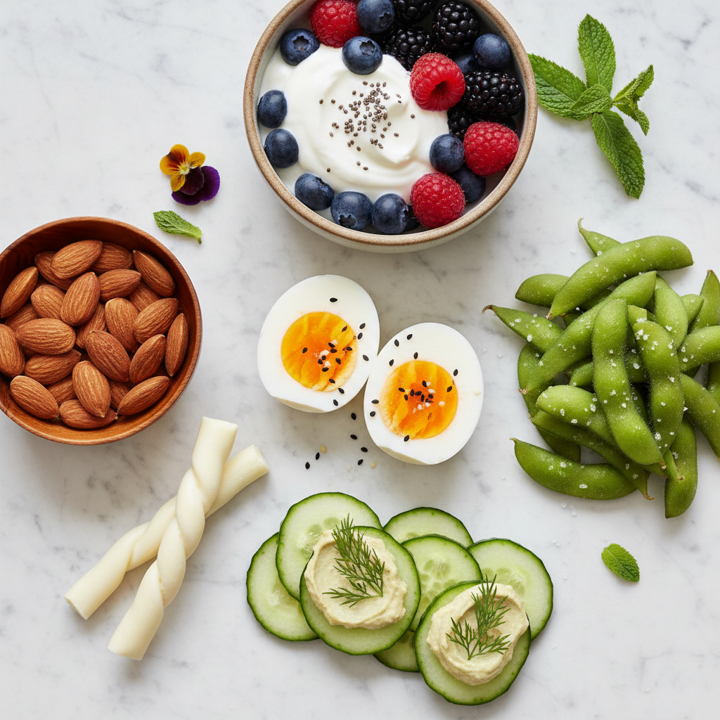 Ozempic safe snacks — hard boiled eggs, almonds, cucumber hummus, string cheese, berries Greek yogurt, edamame — portion controlled GLP-1 medication snacks — FoodIdentifier