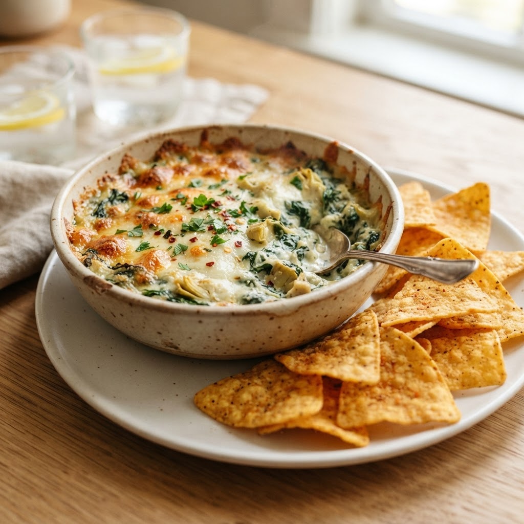 Spinach & Artichoke Dip with Salsa & Chips