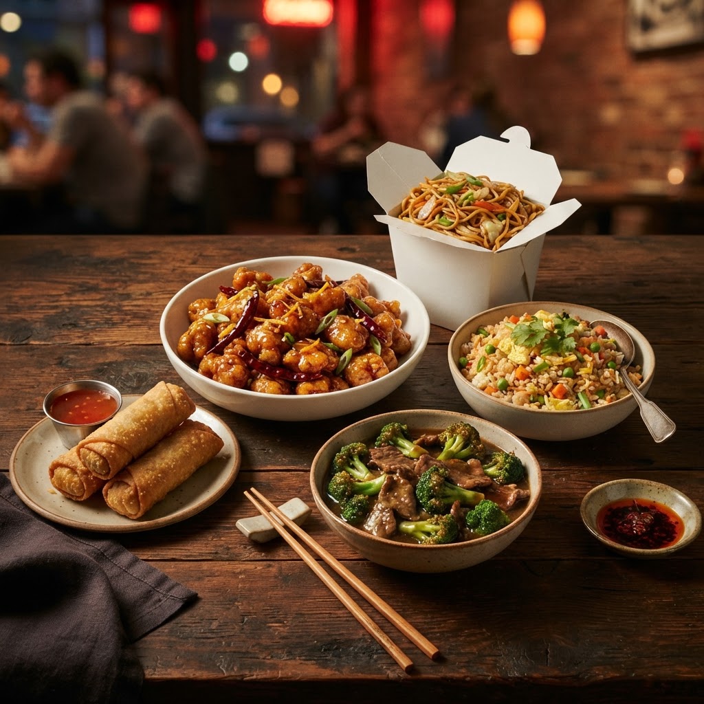 Panda Express nutrition calculator — orange chicken, chow mein, fried rice, broccoli beef and egg rolls on a dark table in warm red and orange tones
