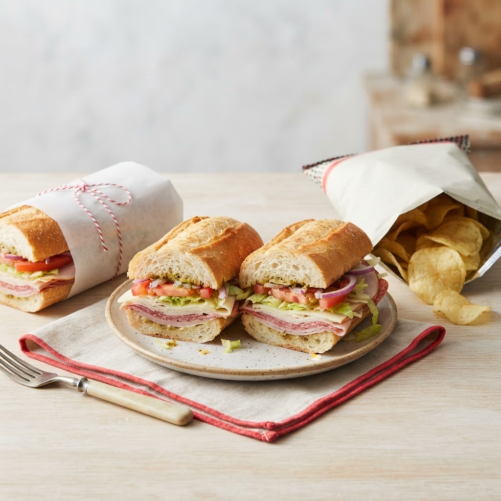 Jimmy John's nutrition calculator — a French bread sandwich cut in half showing layers of meat cheese lettuce and tomato, a wrapped sandwich, and a bag of chips in red white and black color palette