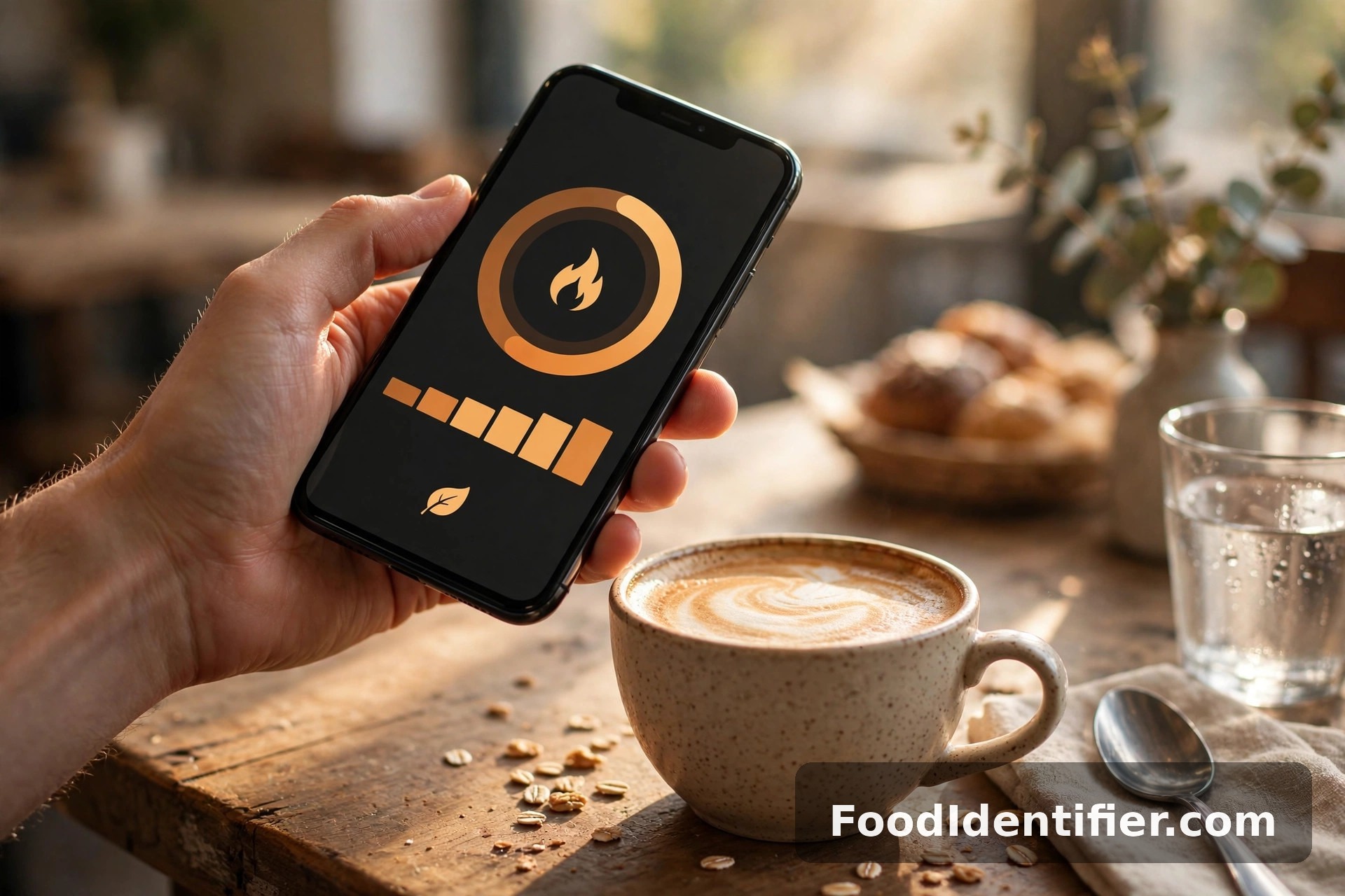 Scanning a coffee drink's calories with a free photo scan before ordering.