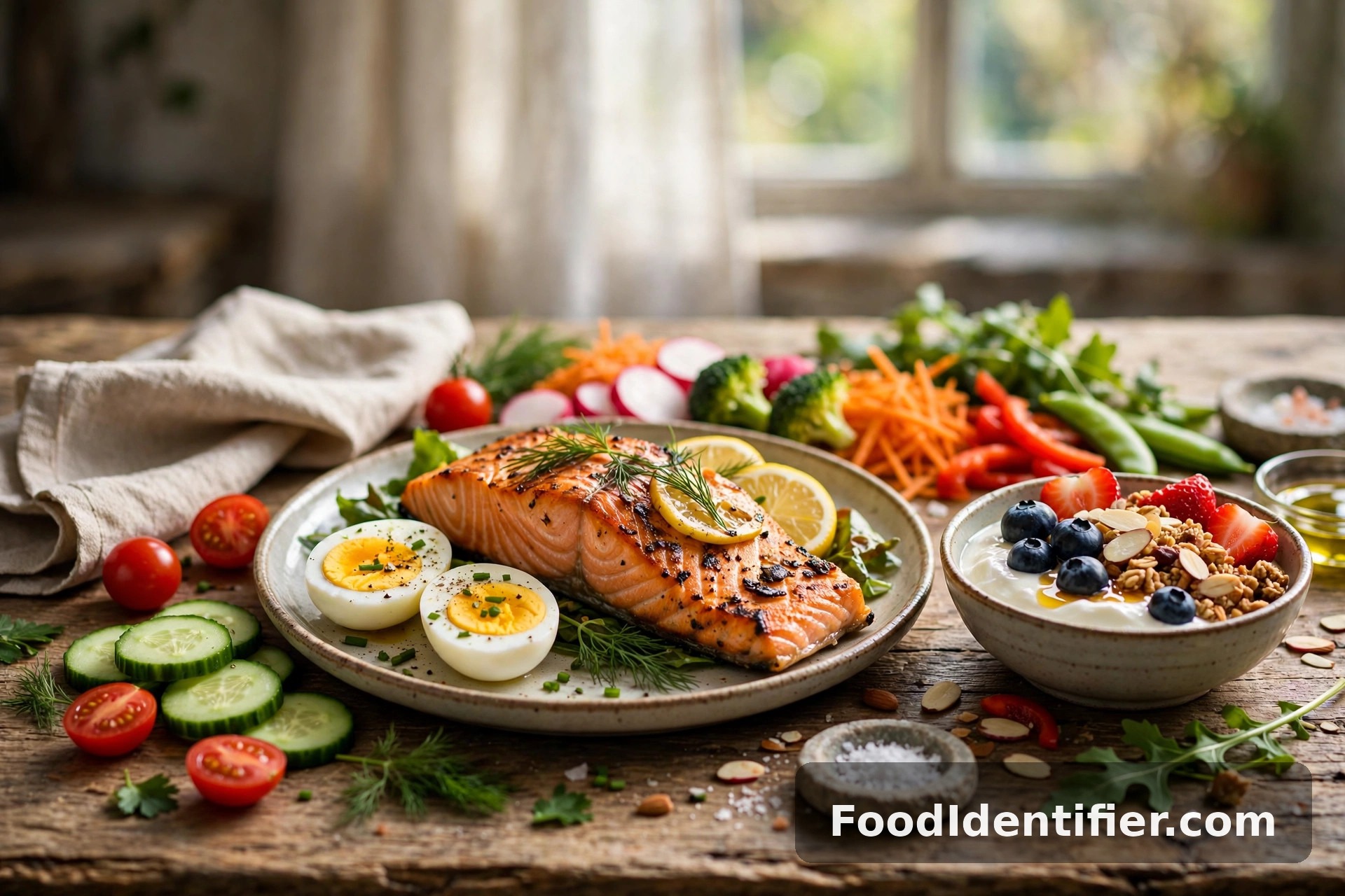 High-protein meal \u2014 grilled salmon, hard-boiled eggs, and yogurt with berries on a warm wooden table