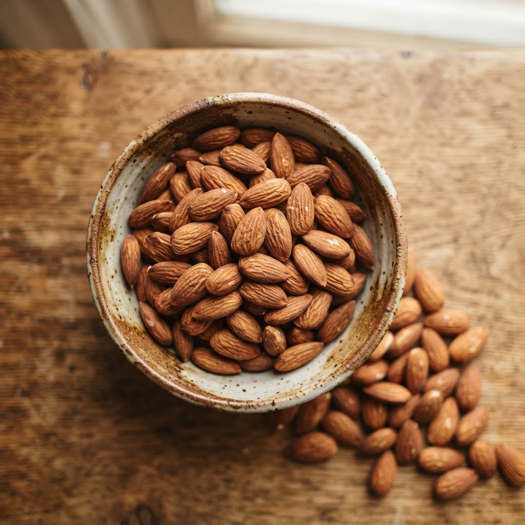 How many calories in almonds - raw almonds in a rustic bowl with full USDA nutrition facts - FoodIdentifier