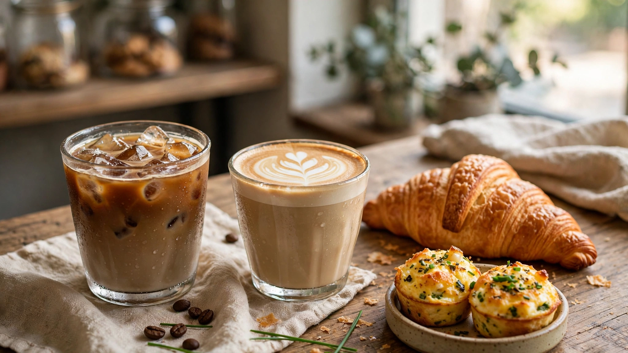Starbucks nutrition calculator — iced coffee, latte with latte art, croissant and egg bites on a wooden table