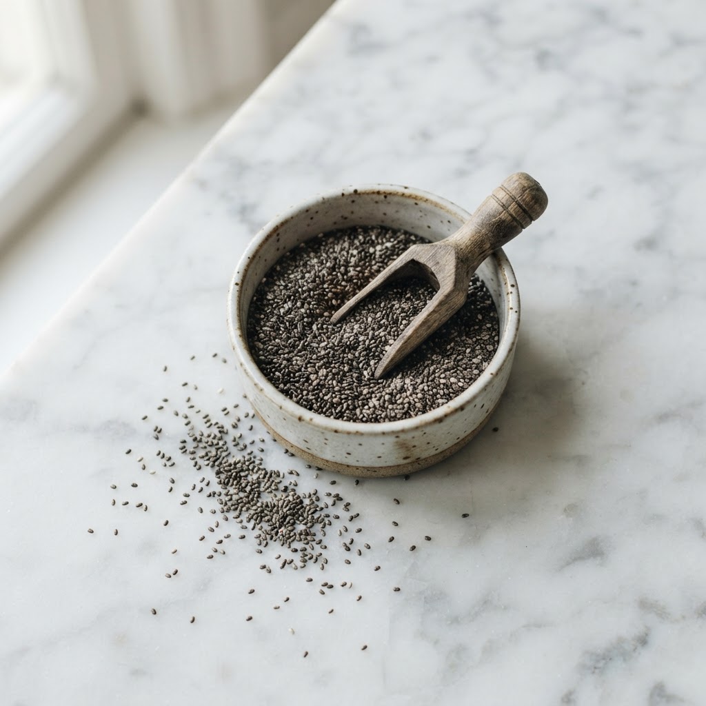 Chia seeds in a bowl with a wooden scoop — 486 calories per 100g