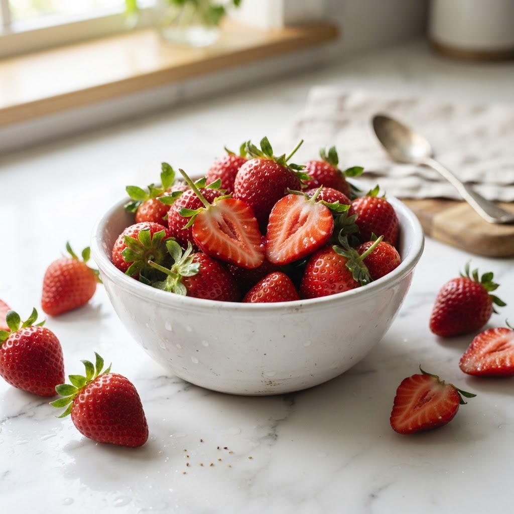 How many calories in strawberries - fresh ripe strawberries in a bowl with some halved and USDA nutrition facts - FoodIdentifier