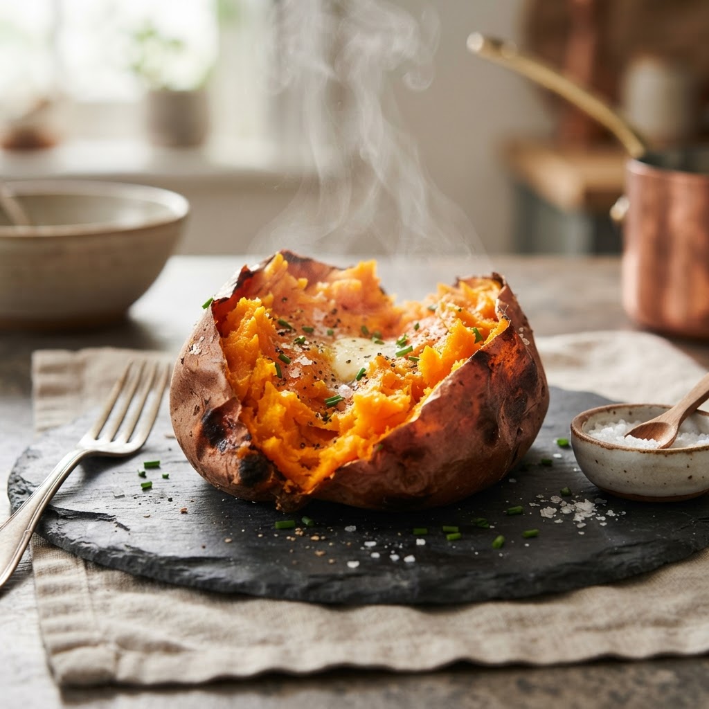How many calories in a sweet potato - baked sweet potato cut open showing vibrant orange flesh with USDA nutrition facts - FoodIdentifier